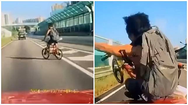 車Cam直擊，單車男快公路切線頭也不回，被的士撞至拋上車頭墮地。(車cam L(香港群組)@FB)