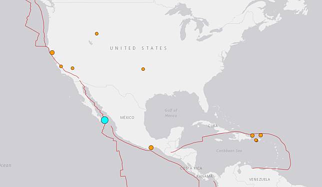 加利福尼亞灣(Gulf of California)18日發生規模6.4地震。(圖:USGS)