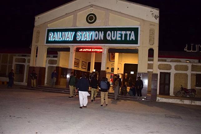 People gather at a railway station in Quetta, Balochistan province, Pakistan, on March 11, 2025. (Str/Xinhua)