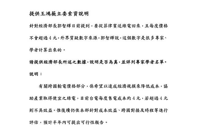 ▲經濟部回文直言郭智輝所說的東西，現在沒辦法證實。（圖／王鴻薇提供）