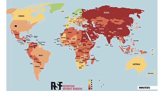 2024年5月3日，無國界記者組織（RSF）發布2024年度《世界新聞自由指數》，其中綠色區域的自由指數最高，紅色區域最低。網頁截圖