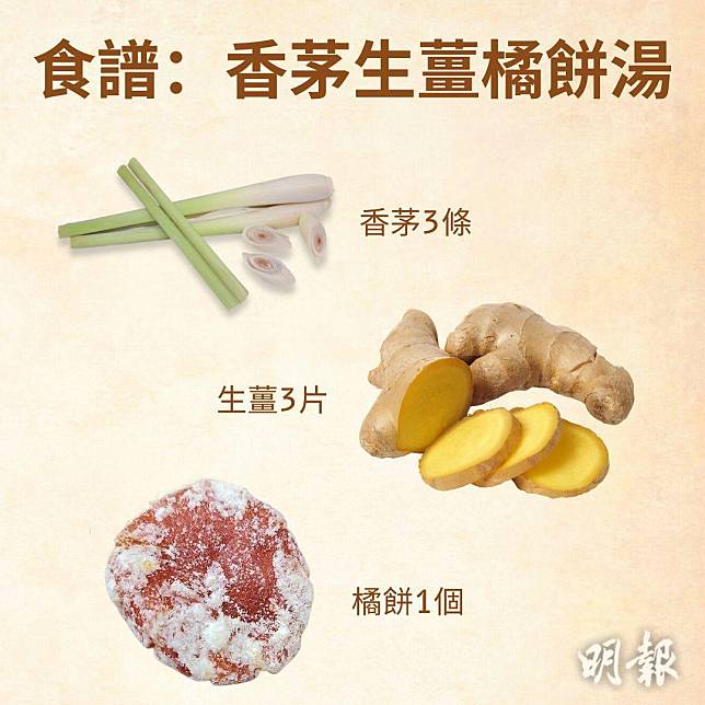中醫湯水食譜：香茅生薑橘餅湯（明報製圖）
