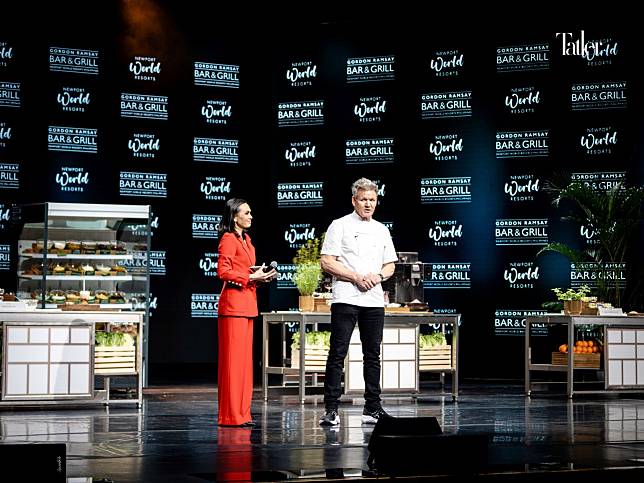 Chef Gordon Ramsay and host Issa Litton on stage at the Newport Performing Arts Theatre