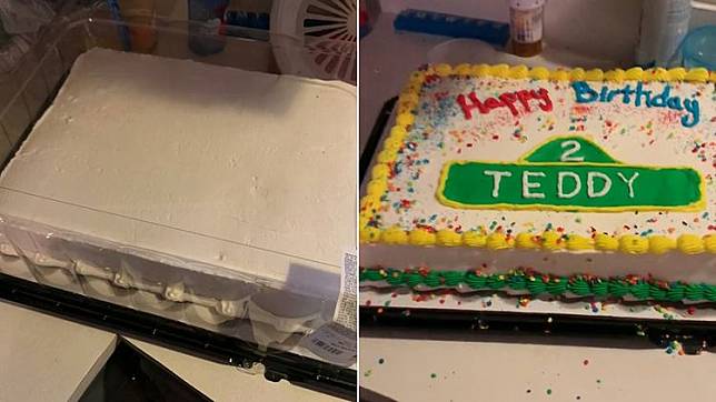 蘿絲買到的蛋糕（左圖）完全空白，只好自己動手裝飾（右圖）。翻攝自蘿絲TikTok