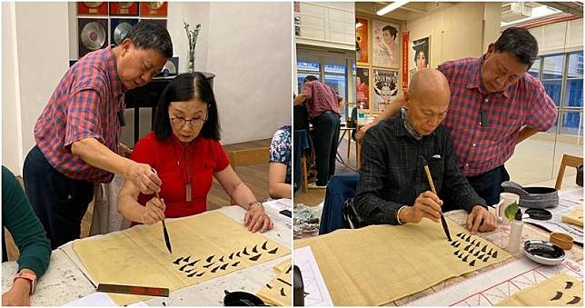 汪明荃與羅家英這日一齊去學寫毛筆字。（汪明荃Instagram圖片／明報製圖）