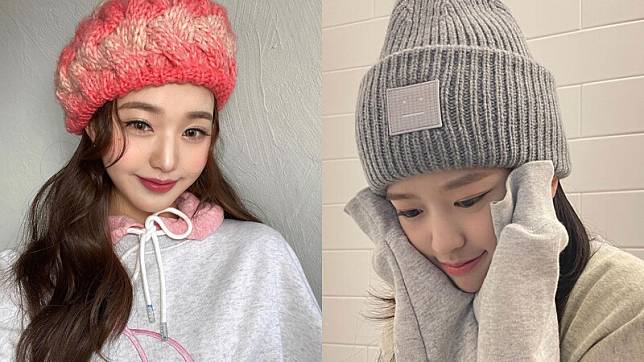 韓國女團 IVE 成員 張員瑛、安兪眞戴上針織毛帽，保暖又時髦。 