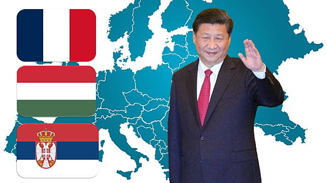 中國國家主席習近平將於5月5日至10日訪問歐洲三國，包括法國、匈牙利和塞爾維亞(合成圖)