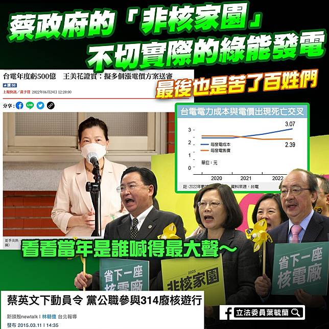 國民黨立委葉毓蘭在臉書痛批蔡政府的能源政策。   圖:翻攝自葉毓蘭臉書