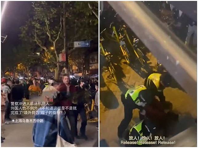 BBC記者羅倫斯(Ed Lawrence)遭上海公安上銬逮捕並拳打腳踢。(合成圖/推特)