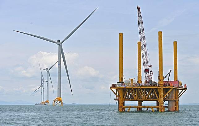 This photo taken on May 21, 2024 shows the construction site of a wind farm off the coast of Fangchenggang, south China's Guangxi Zhuang Autonomous Region. (Xinhua/Zhou Hua)