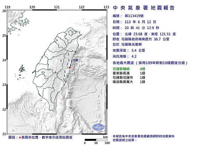 今（12）天晚間8點41分在花蓮縣光復鄉發生芮氏規模4.2地震。 圖：氣象署提供