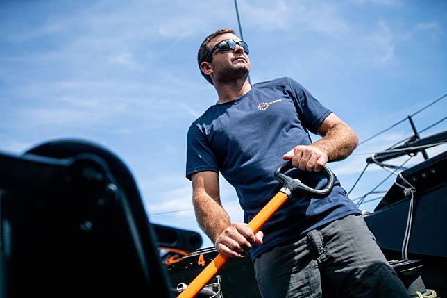 Charlie Enright on board 11th Hour Racing Team during a training session in Brittany, France. Photo: Amory Ross/11th Hour Racing