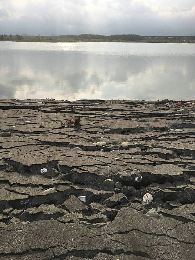 昨天下午強烈地震時刻，呂縉宇正在卑南溪出海口鳥調，目睹土地碎裂液化。(呂縉宇提供)