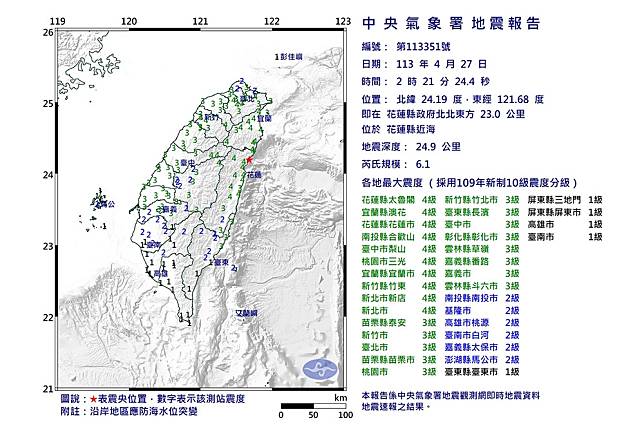 花蓮今天凌晨先是在外海發生規模6.1的地震，緊接著在秀林鄉又發生規模5.8的地震。（取自中央氣象署）