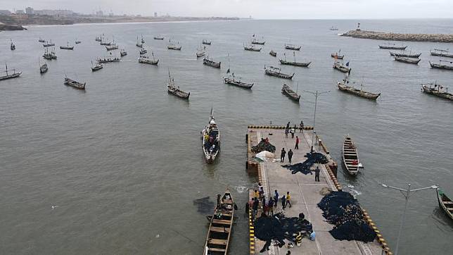 An aerial drone photo taken on Sept. 13, 2024 shows a view of the China-aided Jamestown Fishing Port Complex in Accra, Ghana. (Photo by Seth/Xinhua)