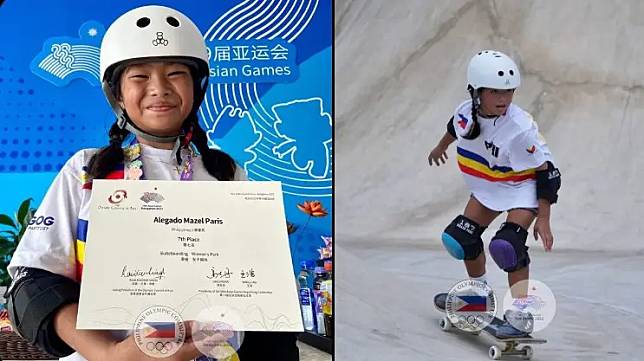 菲律賓9歲滑板神童Mazel Paris Alegado，成為杭州亞運最幼齒選手。（圖取自X @OneSportsPHL）