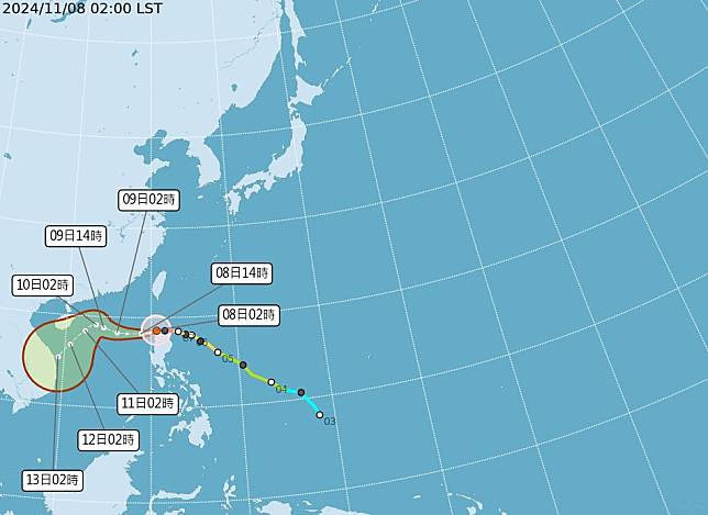 東北季風加上颱風外圍雲系影響，臺灣附近水氣較多，桃園以北、東半部地區及恆春半島可能下雨，其中基隆北海岸、東北部、東部地區及大臺北山區雨勢較為明顯持續。（圖：氣象署網站）