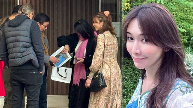 有網友在東京巧遇林志玲（左圖右），拍下她和富邦金控董事長蔡明興夫婦等人在路邊談天。翻攝芒果撈小萌主微博、林志玲IG