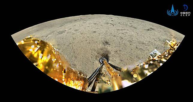 This stitched panoramic image released by the China National Space Administration (CNSA) on June 4, 2024, which was taken with the panoramic camera on the lander of Chang'e-6 probe, shows a view of the lunar surface. (CNSA/Handout via Xinhua)