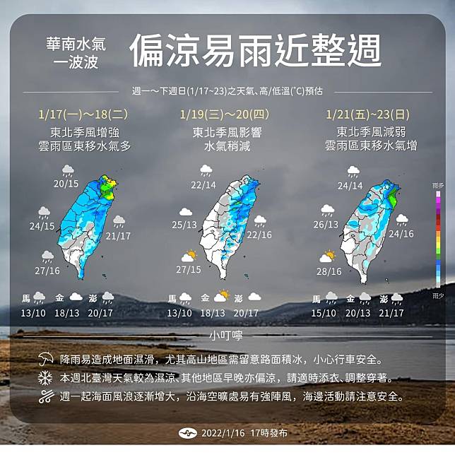 未來一週台灣天氣概況。（中央氣象局提供）