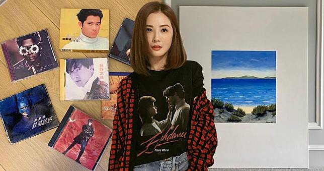 蔡卓妍在Ig分享一堆偶像郭富城的舊唱片，還有她終於完成的畫作。（蔡卓妍Instagram圖片 / 明報製圖）