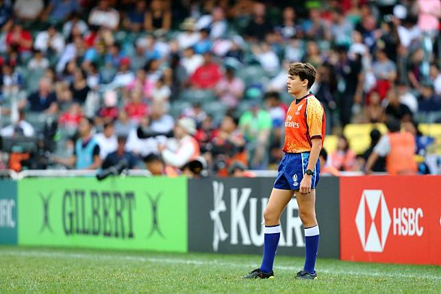 Rory Crombie working as an assistant referee at the Hong Kong Sevens – he is just 17 and has already taken charge of a test match. Photo: Handout