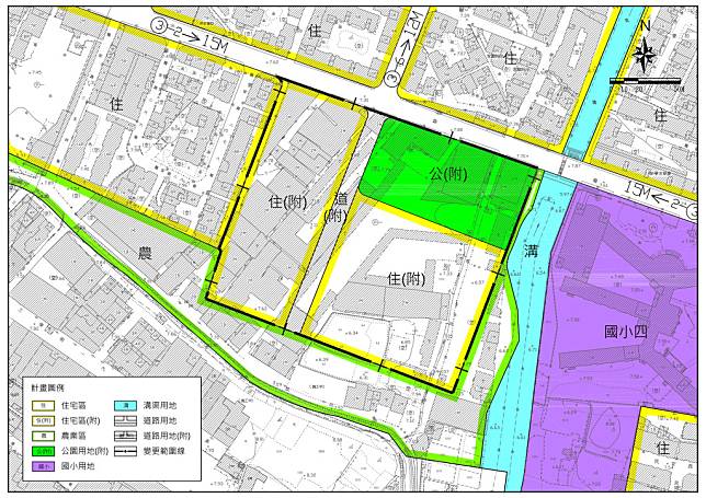 新莊高中一用地變更後主要計畫示意圖，除住宅區、道路用地，另規劃0.69公頃公園用地，後續將由體育處、交通局評估興建國民運動中心並共構停車場。圖／新北市政府城鄉發展局