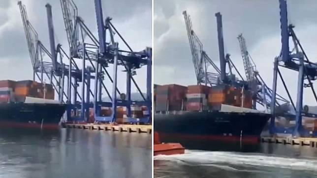 陽明海運租入船於土耳其艾維亞普港，撞倒三個巨大貨櫃吊機。取自網路影片