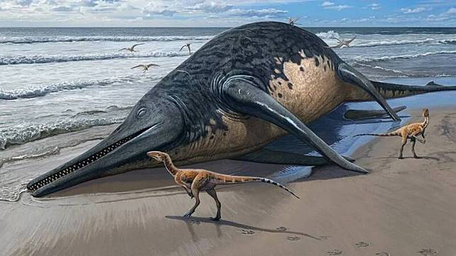 畫下筆下的塞文河巨型魚龍還原想像圖。(圖擷取自Dean Lomax 臉書專頁)