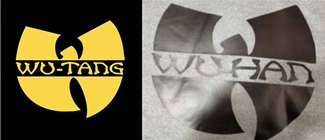 「武當幫」（Wu-Tang Clan）標誌（左）與加國駐中使館人員T恤圖樣（右）。   圖：翻攝自武當幫臉書/翻攝自微博（合成圖）