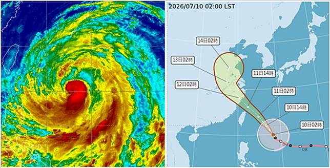 左圖：最新（10日3時）紅外線衛星雲圖（左圖）顯示，巴威因沿途海溫略降、緩慢減弱中，但環流大、依然是「大型中颱」。（翻攝自氣象應用推廣基金會）