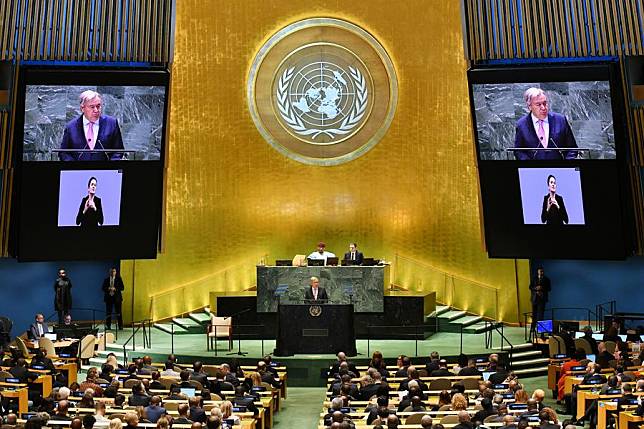 UN Secretary-General Antonio Guterres (at the podium) speaks at the Summit of the Future at the UN headquarters in New York, Sept. 22, 2024. (Xinhua/Li Rui)