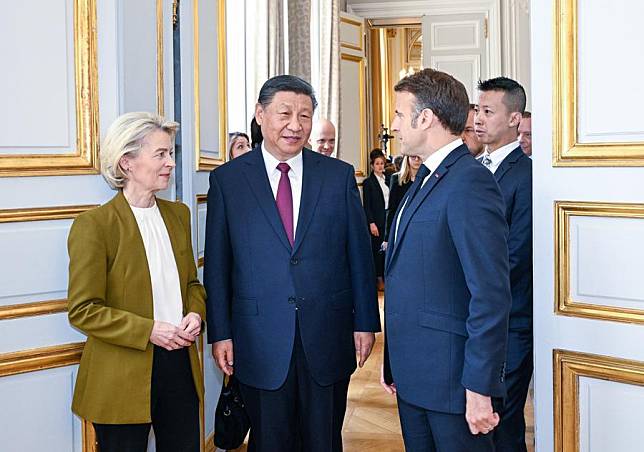 Chinese President Xi Jinping attends a China-France-EU trilateral meeting with French President Emmanuel Macron and European Commission President Ursula von der Leyen at Elysee Palace, in Paris, France, May 6, 2024. (Xinhua/Li Xueren)