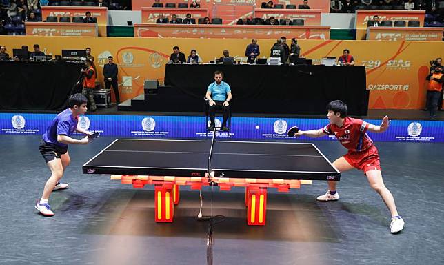 Tomokazu Harimoto &reg; hits a return during the men's singles final against Lin Shidong at the 27th ITTF-Asian Table Tennis Championships in Astana, Kazakhstan, on Oct. 13, 2024. (Photo by Kalizhan Ospanov/Xinhua)