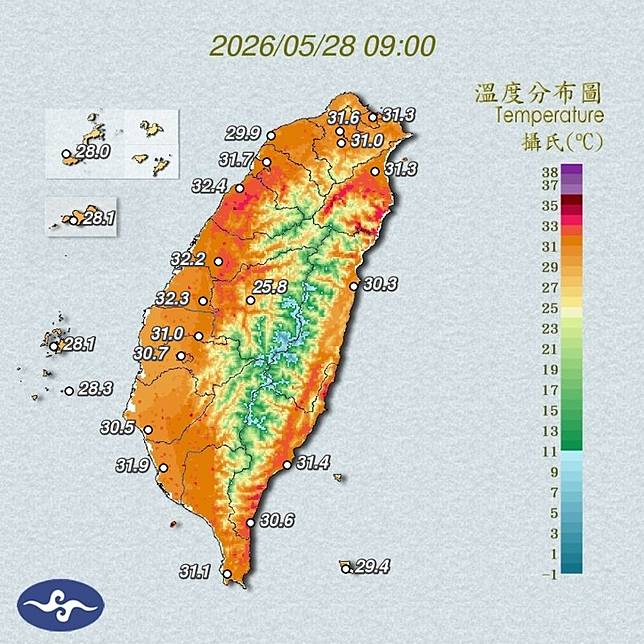 即使是上午9時，就已出現突破32度的高溫。圖／翻攝自中央氣象署
