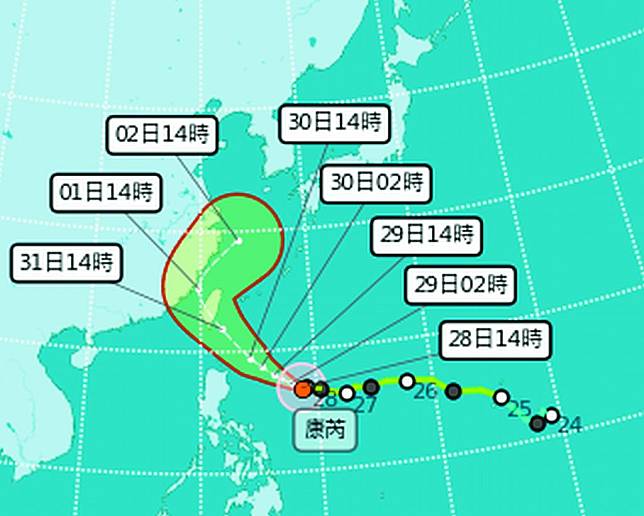 氣象署預估，康芮颱風可能以中颱強度由台東登陸，橫越本島後由中部地區出海進入台灣海峽而持續北上，對全台各地都會帶來影響。（中央氣象署提供）