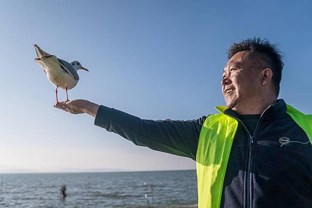 Zhang Liyun, a volunteer, looks at a black-headed gull perching on his right hand at the Wangguan wetland park by the Dianchi Lake in Kunming, southwest China's Yunnan Province, Dec. 11, 2024. (Photo by Peng Yikai/Xinhua)