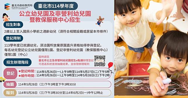 北市114學年度公幼招生資訊公告囉！5月26日上午9時開始登記，一律採「線上申請」方式辦理招生