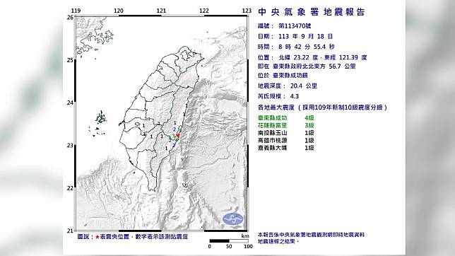 今（18日）早台灣東部外海發生有感地震。（圖／翻攝自中央氣象署）