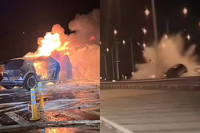 後車目擊電動車在事發前疑似完全沒有減速，直接撞上安全島。（合成照片／翻攝畫面、擷取自Threads）