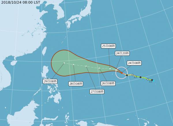 由於路徑持續偏西，玉兔颱風有更加靠近台灣的可能性。(中央氣象局)