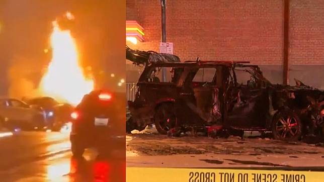 撞車後爆出火球, 兇嫌車輛燒成一團廢鐵。（圖／翻攝X、美聯社）