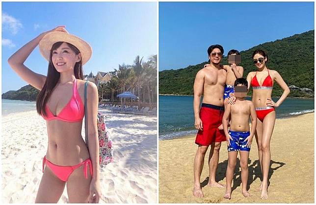 王怡仁在臉書大晒一家四口在越南渡假照，39歲的她更穿上火紅色比堅尼。（翻攝自王怡仁臉書）