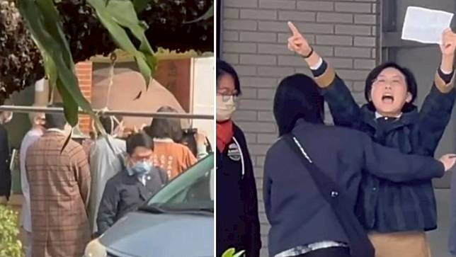 通法寺住持遭查，林岱樺（右）被帶走時大力喊冤。讀者提供