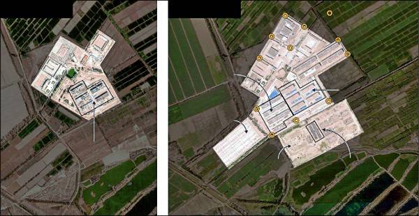 美國衛星影像公司「星球實驗室」拍攝的衛星照片顯示，新疆喀什市附近的「再教育營」，從二○一七年四月十七日(左圖)到今年八月十五日(右圖)，規模明顯擴大。(取自華爾街日報網站)
