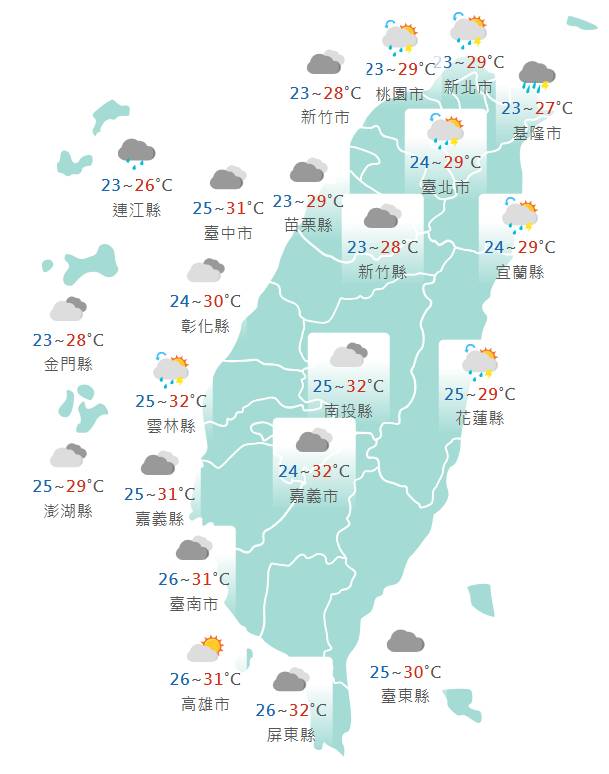 今日各地天氣預報概況。(圖擷取自中央氣象署)