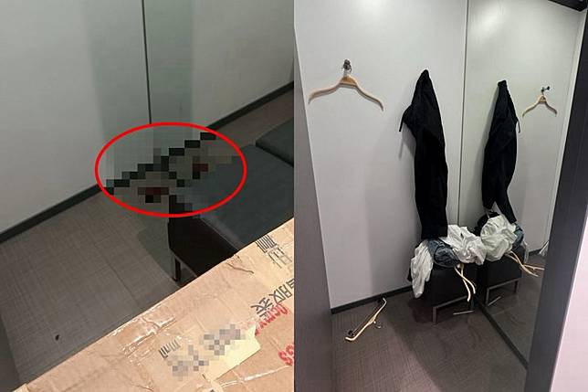 連鎖服飾店的試衣間遭人「排泄」(紅圈處)，現場臭氣沖天，讓其他民眾與女店員都相當傻眼。畫面翻攝threads delete70745277(左)、qiuuu_0215(右)