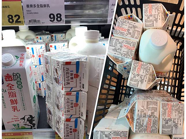 網友在全聯發現超浮誇商品，購買一瓶家庭號鮮奶竟送12盒巧克力牛乳。(網友授權提供)