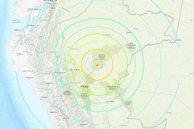 震央位於秘魯北部的莫約班巴地區。（截圖自美國地質調查局）
