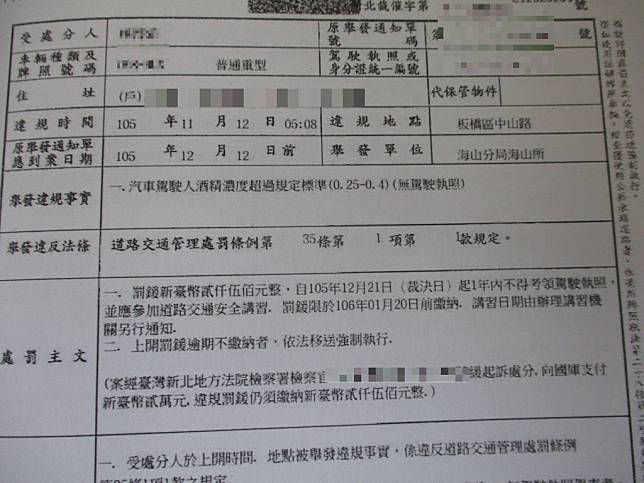 酒駕男子被罰二千五佰元差點無法考駕照。（宜蘭分署提供）